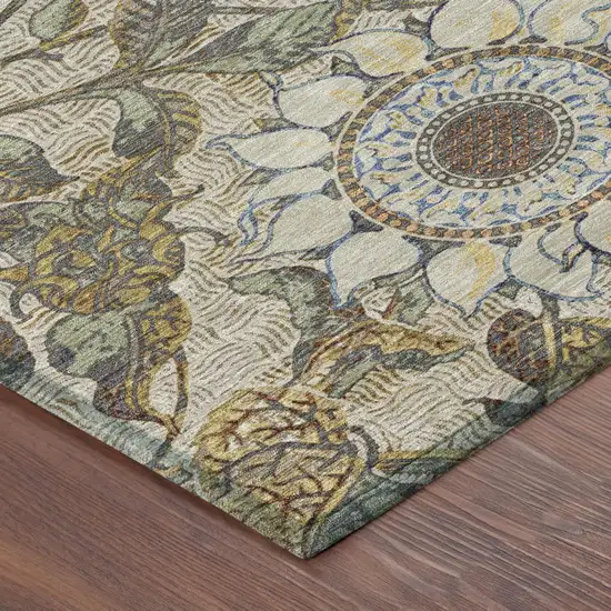 Beige And Brown Floral Washable Indoor Outdoor Area Rug Photo 3