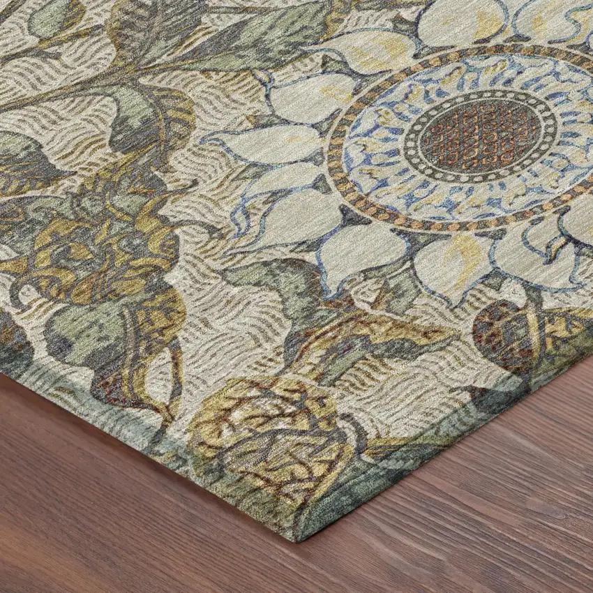 Beige And Brown Floral Washable Indoor Outdoor Area Rug Photo 3
