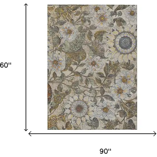 Beige And Brown Floral Washable Indoor Outdoor Area Rug Photo 5
