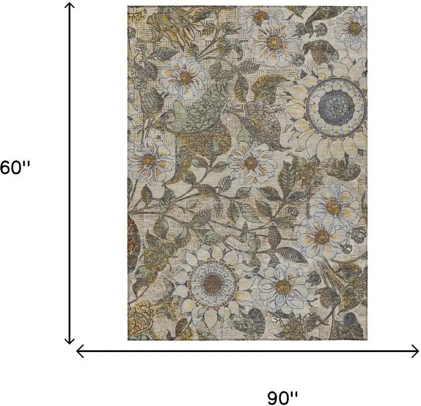 Beige And Brown Floral Washable Indoor Outdoor Area Rug Photo 5