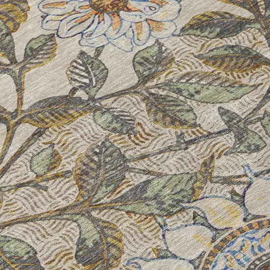 Beige And Brown Floral Washable Indoor Outdoor Area Rug Photo 4