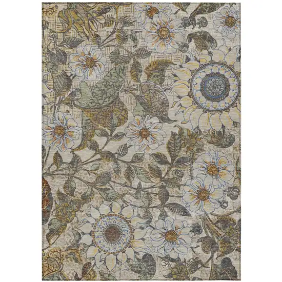 Beige And Brown Floral Washable Indoor Outdoor Area Rug Photo 2