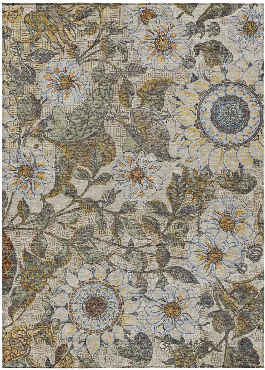 Beige And Brown Floral Washable Indoor Outdoor Area Rug Photo 2