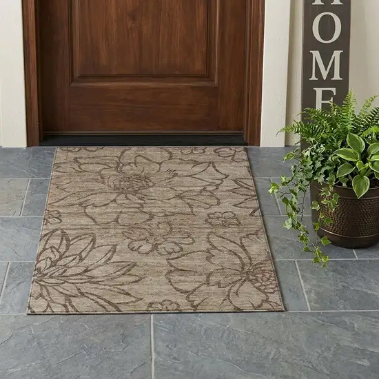Beige And Brown Floral Washable Indoor Outdoor Area Rug Photo 1