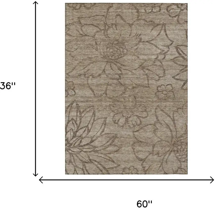 Beige And Brown Floral Washable Indoor Outdoor Area Rug Photo 5