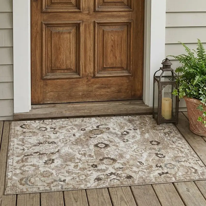 Beige And Brown Floral Washable Indoor Outdoor Area Rug Photo 1