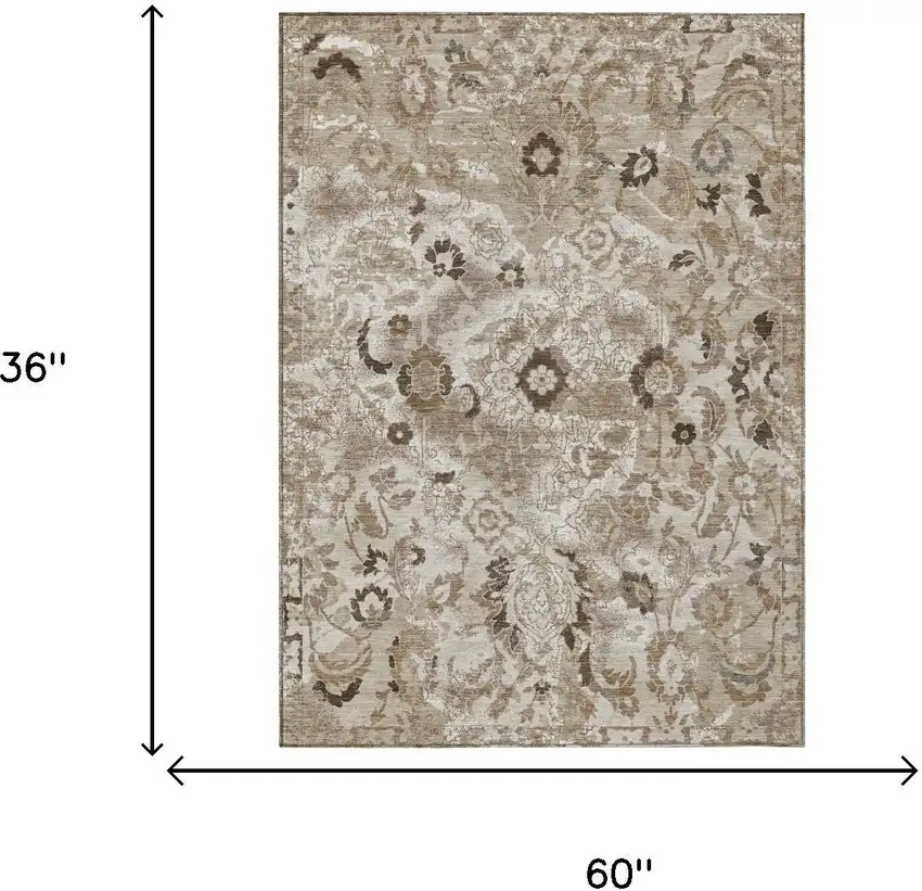 Beige And Brown Floral Washable Indoor Outdoor Area Rug Photo 5