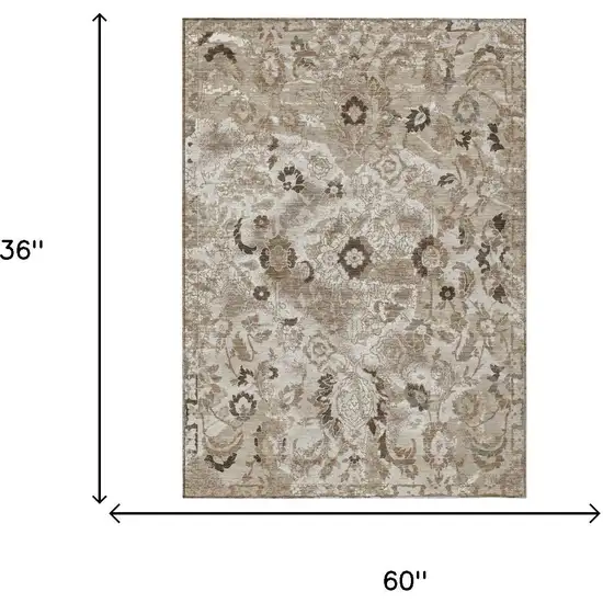 Beige And Brown Floral Washable Indoor Outdoor Area Rug Photo 5