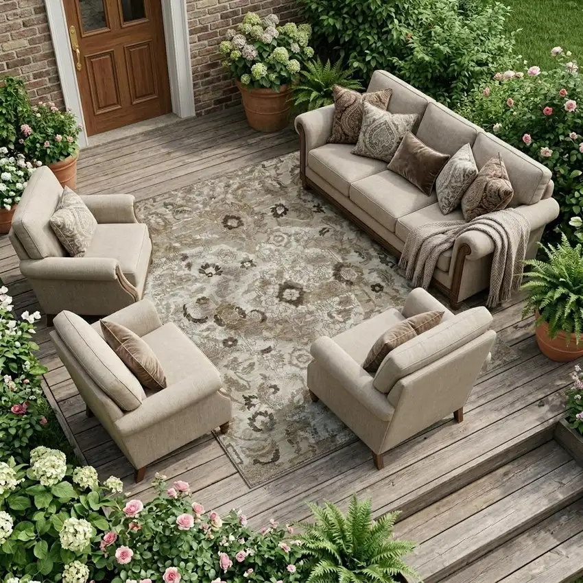 Beige And Brown Floral Washable Indoor Outdoor Area Rug Photo 1