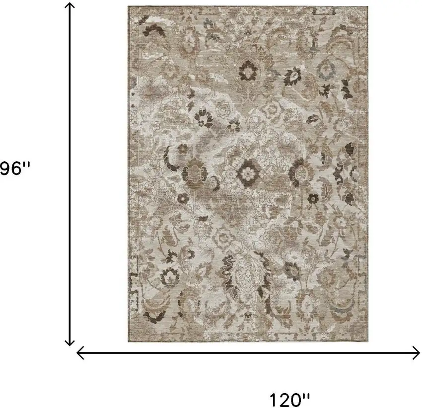 Beige And Brown Floral Washable Indoor Outdoor Area Rug Photo 5