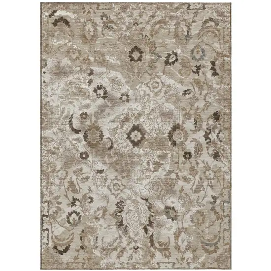 Beige And Brown Floral Washable Indoor Outdoor Area Rug Photo 2