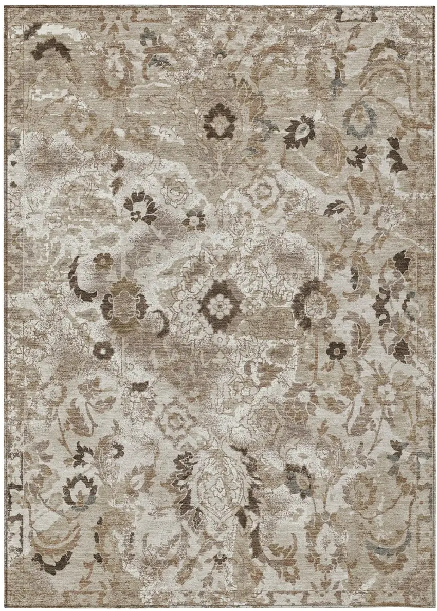 Beige And Brown Floral Washable Indoor Outdoor Area Rug Photo 2