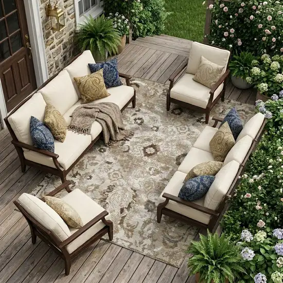Beige And Brown Floral Washable Indoor Outdoor Area Rug Photo 1
