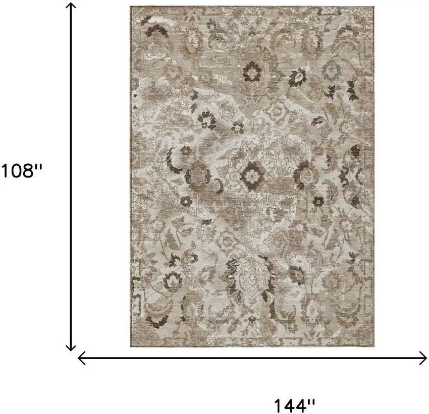 Beige And Brown Floral Washable Indoor Outdoor Area Rug Photo 5