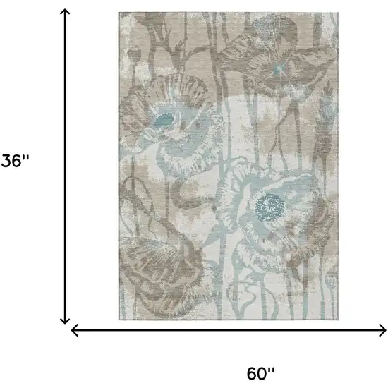 Beige And Brown Floral Washable Indoor Outdoor Area Rug Photo 6