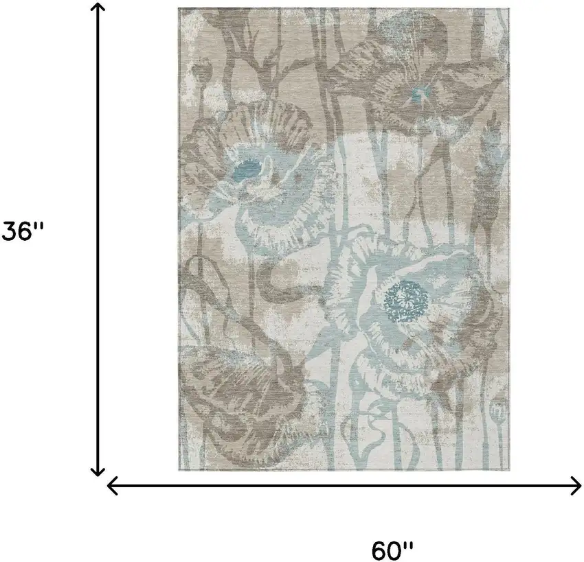 Beige And Brown Floral Washable Indoor Outdoor Area Rug Photo 6
