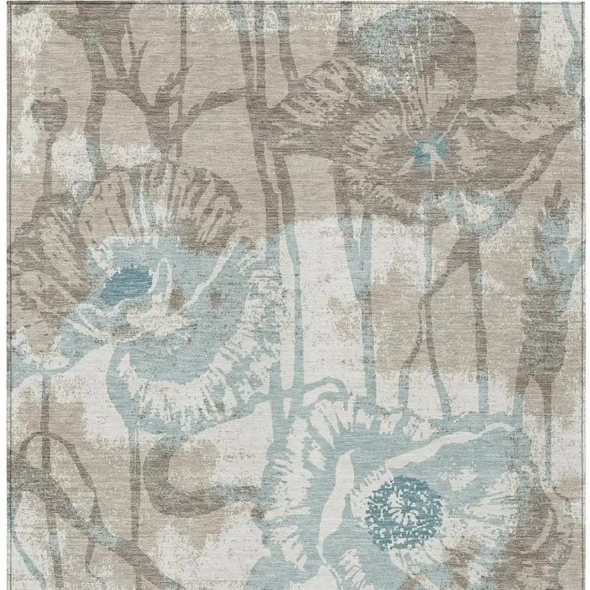 Beige And Brown Floral Washable Indoor Outdoor Area Rug Photo 3