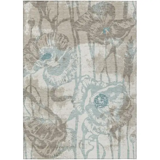 Beige And Brown Floral Washable Indoor Outdoor Area Rug Photo 1