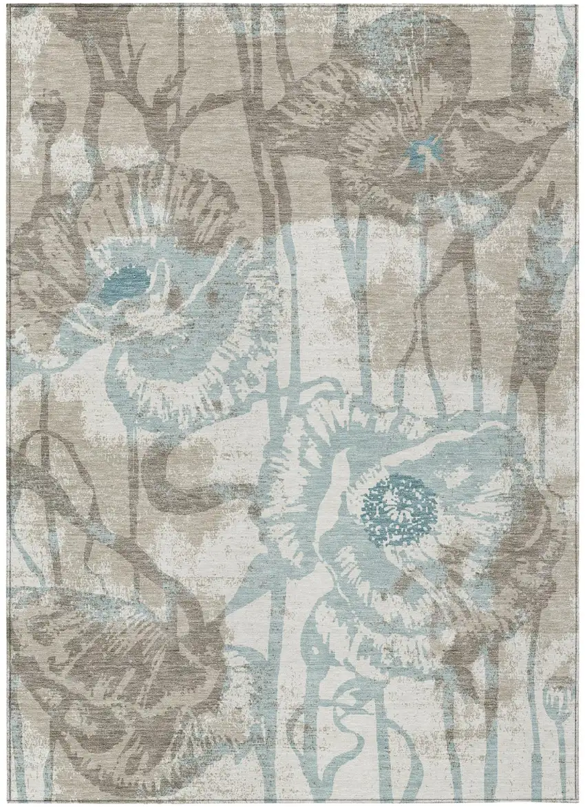 Beige And Brown Floral Washable Indoor Outdoor Area Rug Photo 1