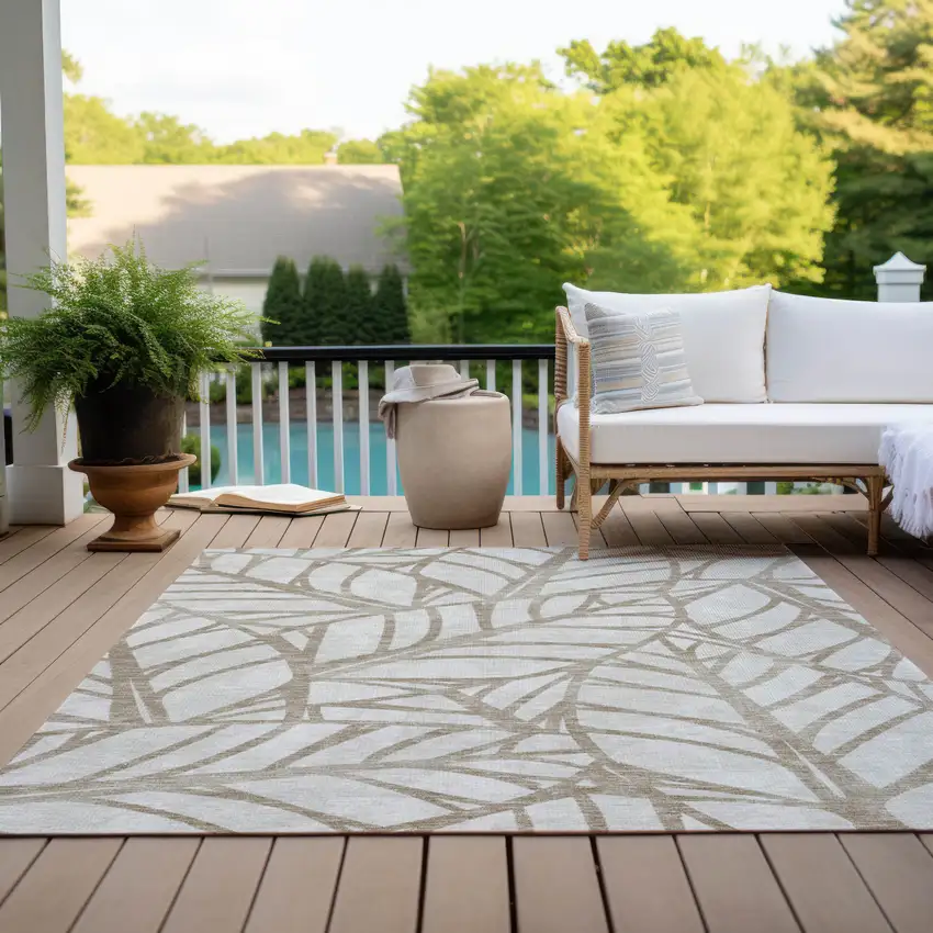 Beige And Brown Floral Washable Indoor Outdoor Area Rug Photo 9