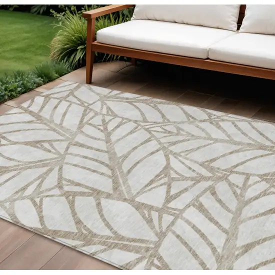 Beige And Brown Floral Washable Indoor Outdoor Area Rug Photo 1