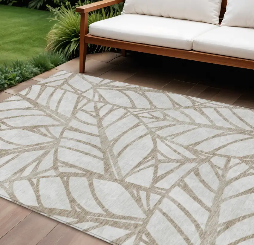 Beige And Brown Floral Washable Indoor Outdoor Area Rug Photo 1