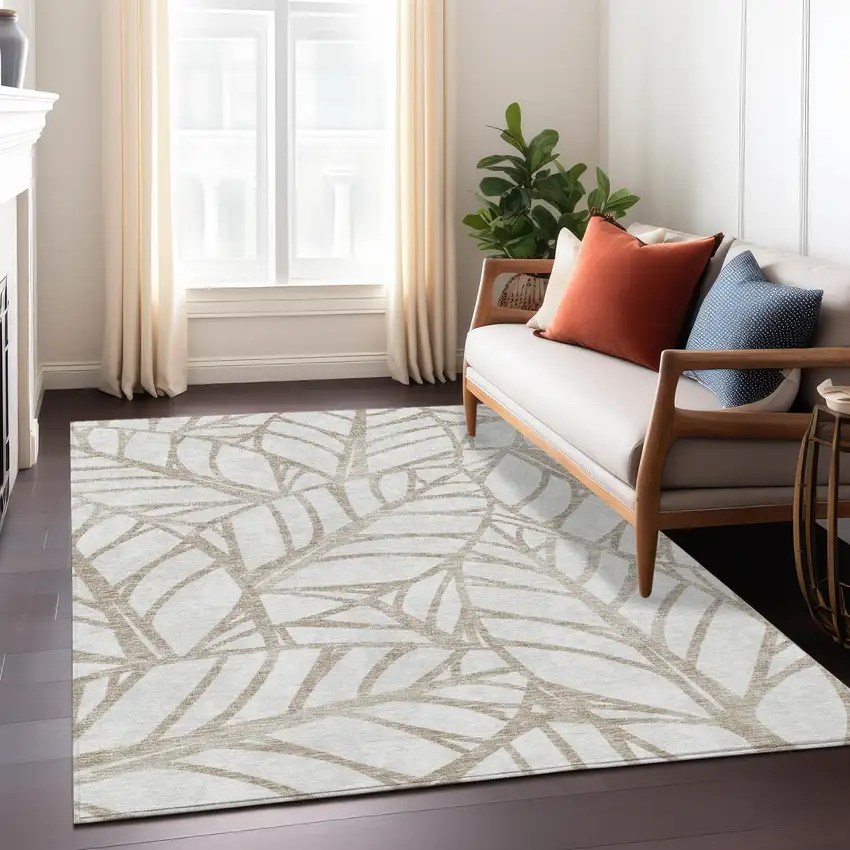 Beige And Brown Floral Washable Indoor Outdoor Area Rug Photo 8