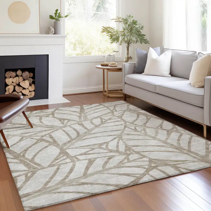 Beige And Brown Floral Washable Indoor Outdoor Area Rug Photo 8