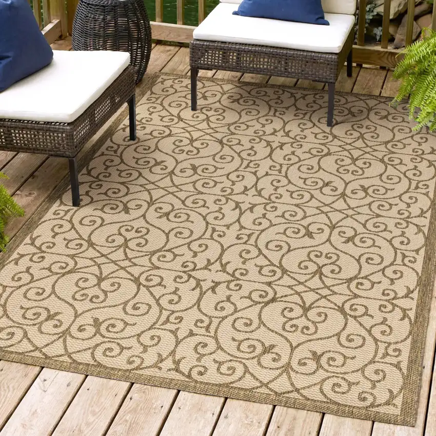 Beige And Brown Geometric Indoor Outdoor Area Rug Photo 9
