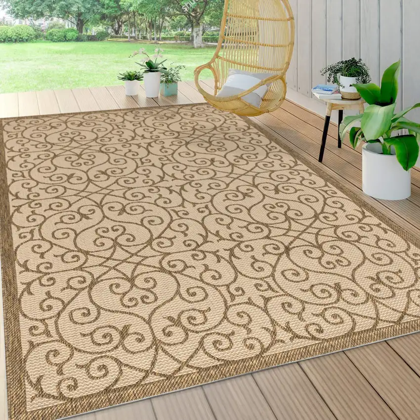 Beige And Brown Geometric Indoor Outdoor Area Rug Photo 8
