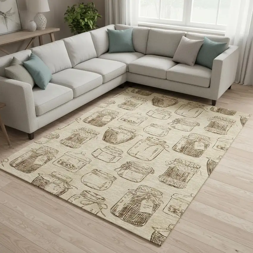 Beige And Brown Geometric Washable Area Rug With UV Protection Photo 2