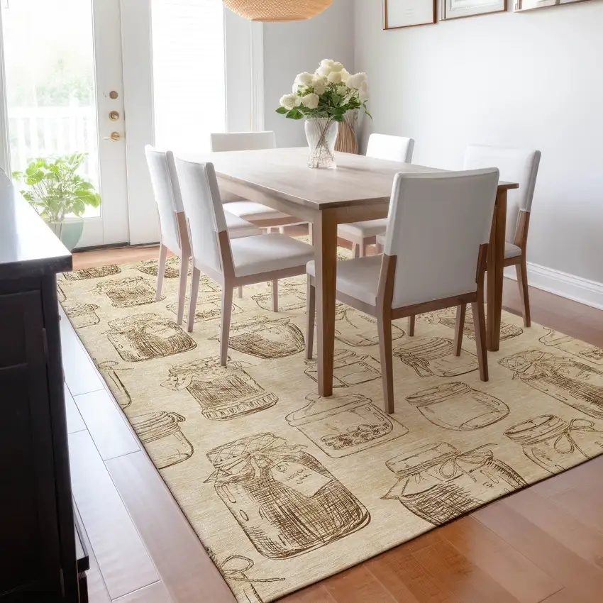 Beige And Brown Geometric Washable Area Rug With UV Protection Photo 6