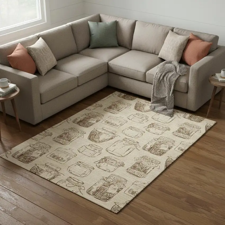 Beige And Brown Geometric Washable Area Rug With UV Protection Photo 1