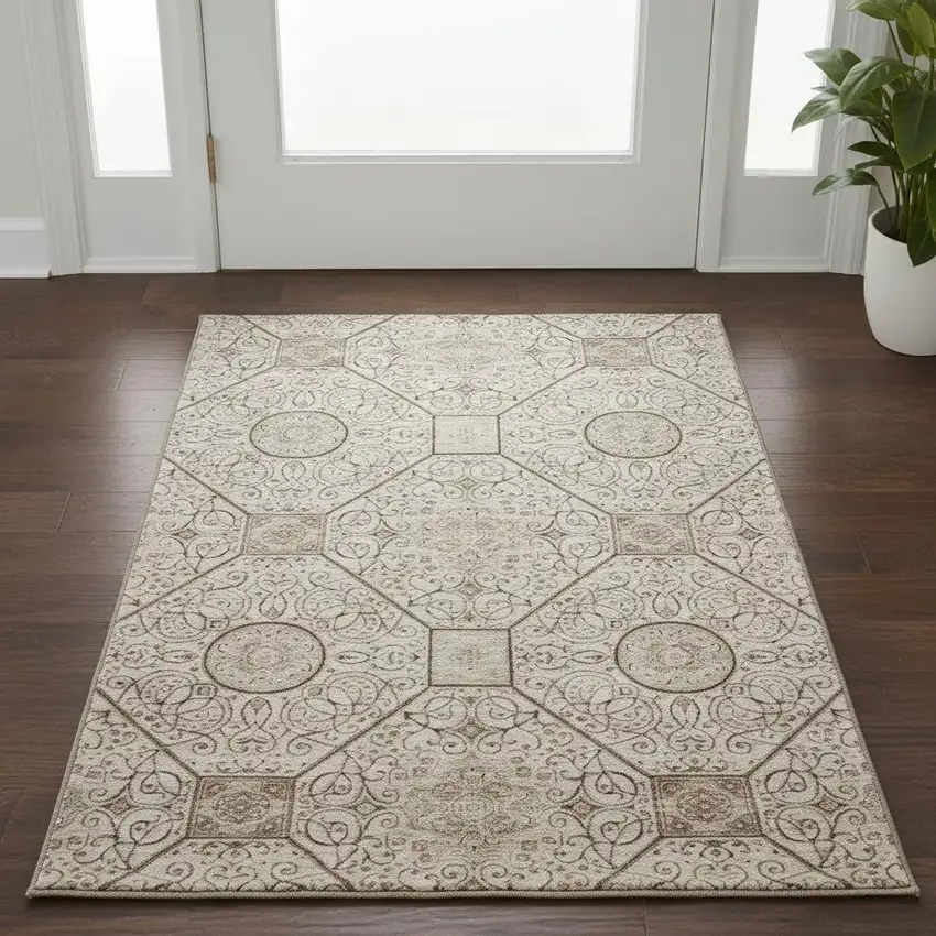 Beige And Brown Geometric Washable Area Rug With UV Protection Photo 2
