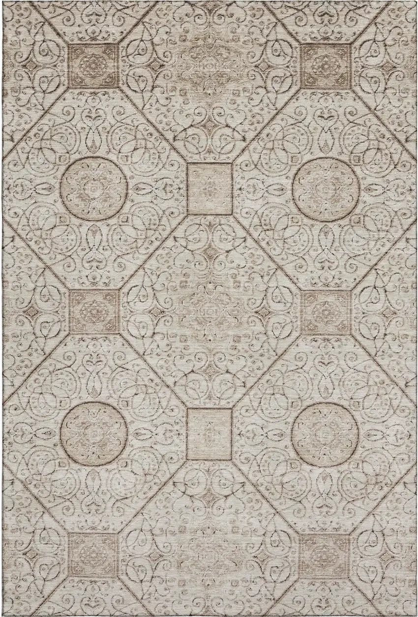 Beige And Brown Geometric Washable Area Rug With UV Protection Photo 1