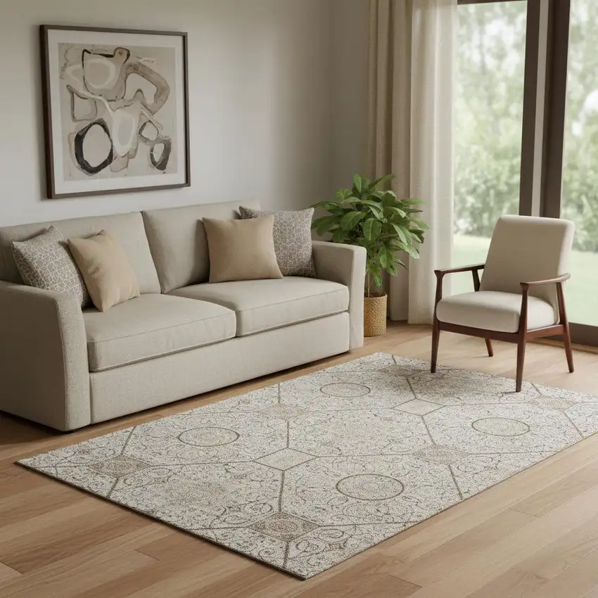 Beige And Brown Geometric Washable Area Rug With UV Protection Photo 2