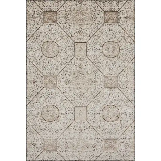 Beige And Brown Geometric Washable Area Rug With UV Protection Photo 1