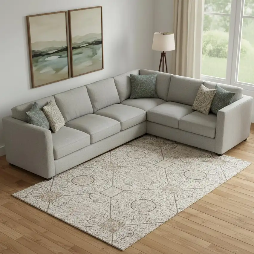 Beige And Brown Geometric Washable Area Rug With UV Protection Photo 2