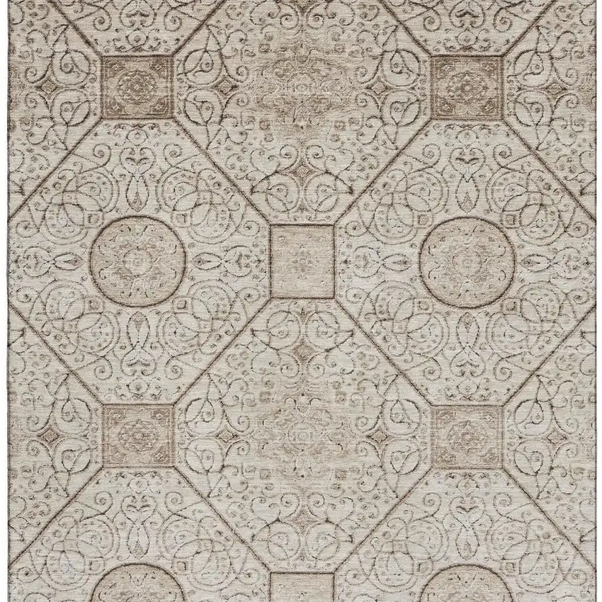 Beige And Brown Geometric Washable Area Rug With UV Protection Photo 2