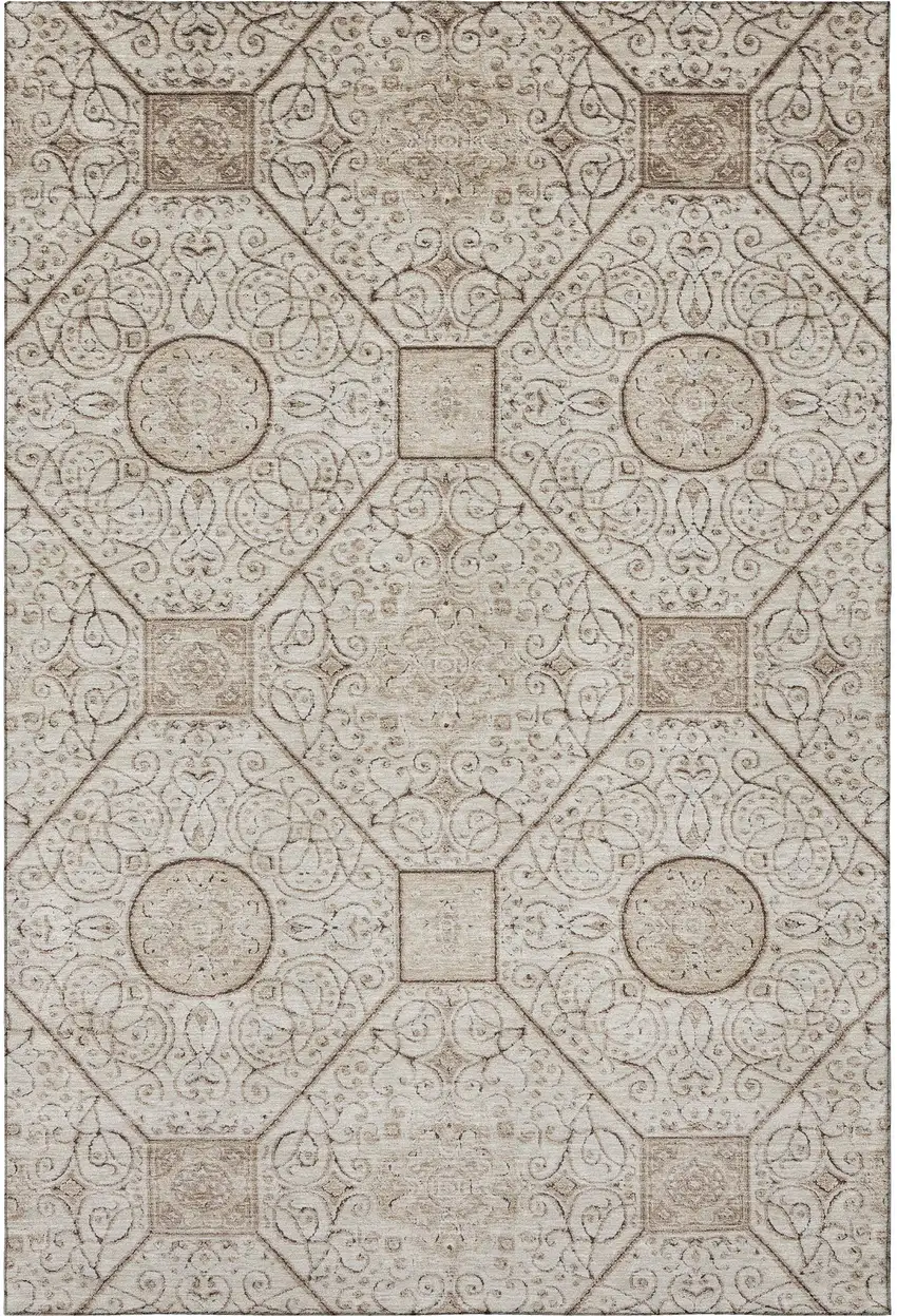 Beige And Brown Geometric Washable Area Rug With UV Protection Photo 4