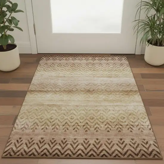 Beige And Brown Geometric Washable Area Rug With UV Protection Photo 2