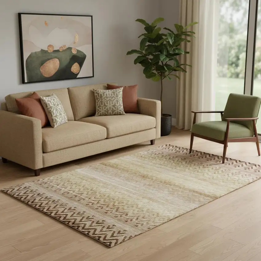 Beige And Brown Geometric Washable Area Rug With UV Protection Photo 2