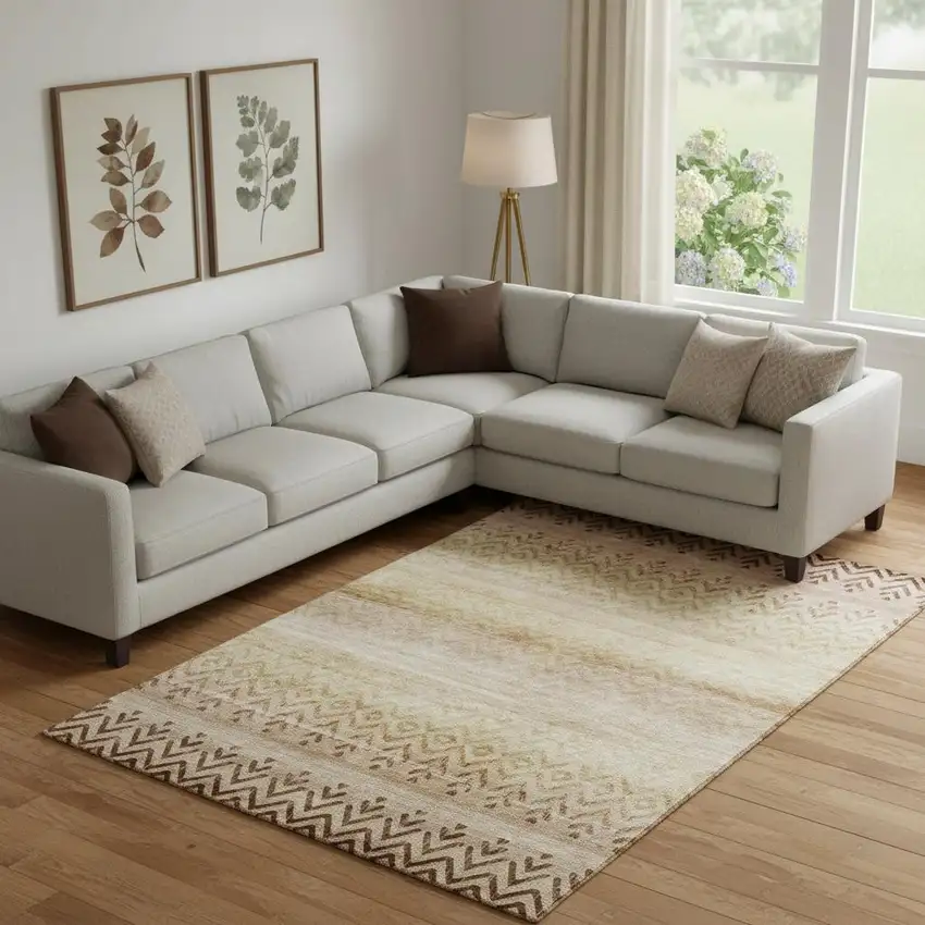 Beige And Brown Geometric Washable Area Rug With UV Protection Photo 2