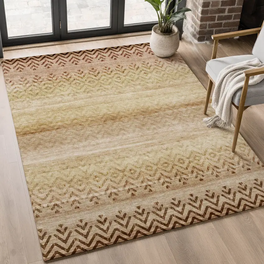 Beige And Brown Geometric Washable Area Rug With UV Protection Photo 5