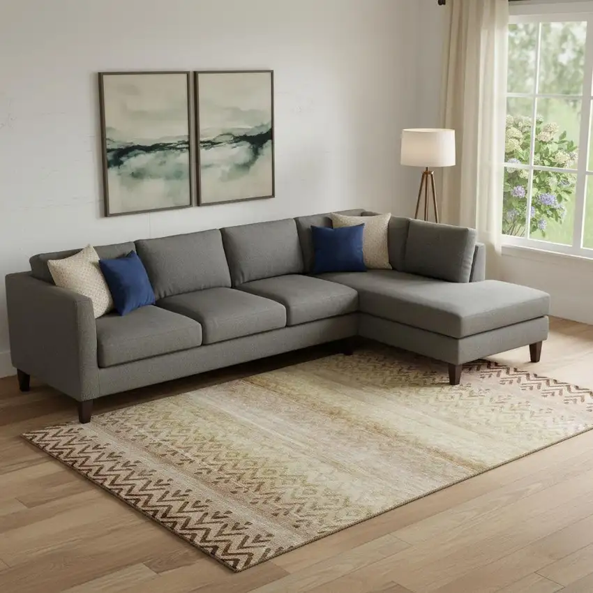 Beige And Brown Geometric Washable Area Rug With UV Protection Photo 2