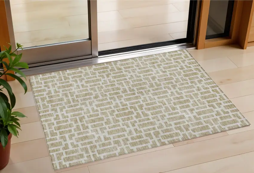 Beige And Brown Geometric Washable Indoor Outdoor Area Rug Photo 1