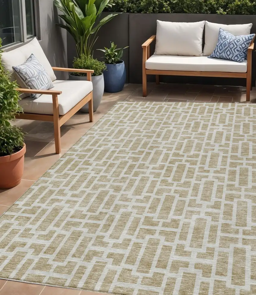 Beige And Brown Geometric Washable Indoor Outdoor Area Rug Photo 1