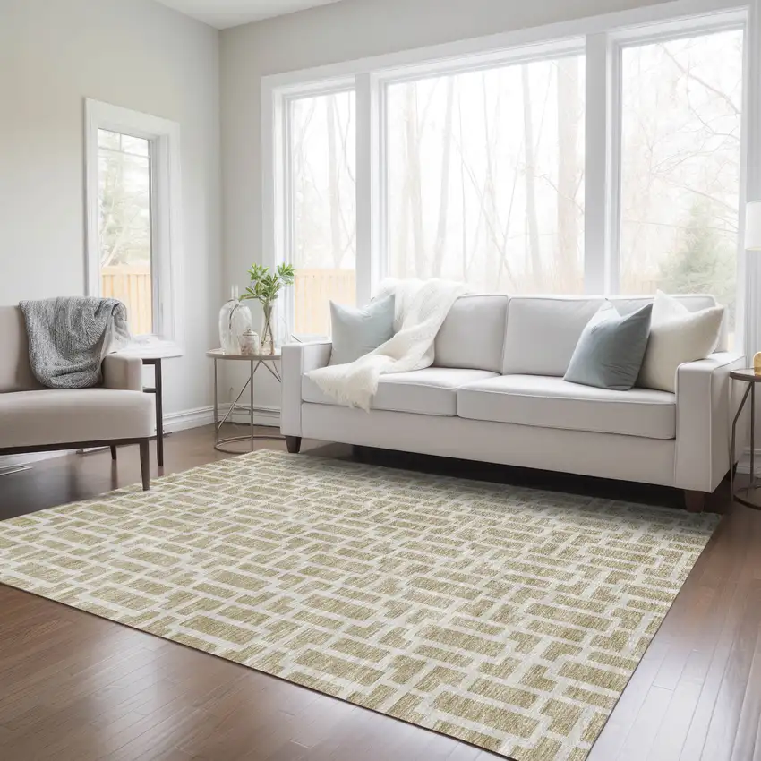 Beige And Brown Geometric Washable Indoor Outdoor Area Rug Photo 9