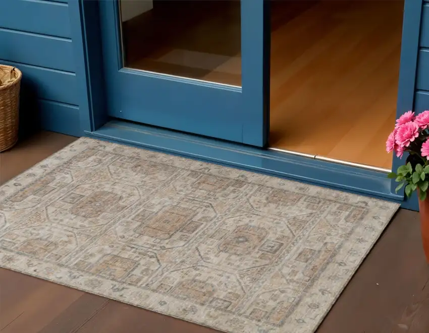 Beige And Brown Geometric Washable Indoor Outdoor Area Rug Photo 2