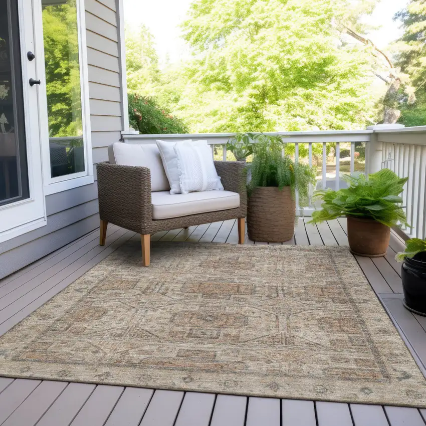 Beige And Brown Geometric Washable Indoor Outdoor Area Rug Photo 9